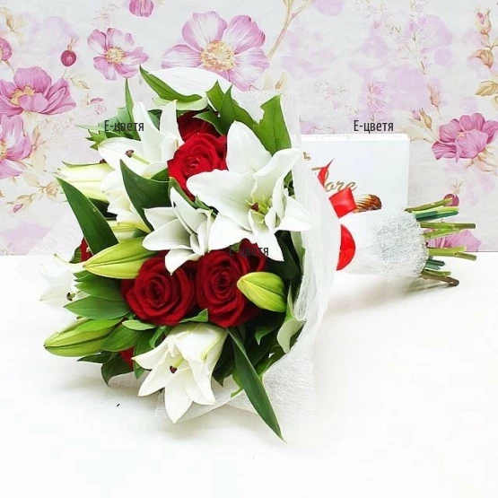 Send a bouquet of white lilies and red roses.