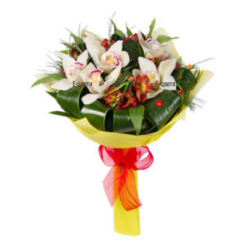 A classical bouquet of cymbidium orchid blossoms, skillfully combined with alstroemerias, decoration, plenty of greeneries and a wrapping.