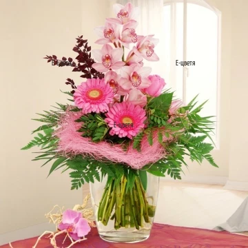 Send a bouquet of pink Cymbidium orchid and roses.