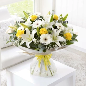 Extremely bright, tender, relaxing bouquet. Mix of flowers and greenery, perfect for all occasions and recipients.