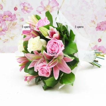 Beautiful, loving bouquet, arranged with roses and lilies, perfect gift for all occasions.