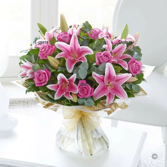 Send a bouquet of pink roses and lilies