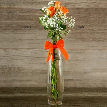 An online order and a delivery of classic bouquet of 3 orange roses and gypsophila. The flowers and the bouquets are delivered by personal couriers.