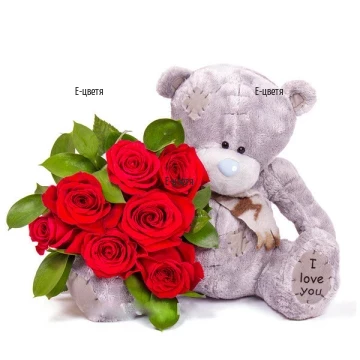 Romantic gift for people in love - a Tedy Bear and beautiful, romantic bouquet of red roses and greenery - loving gift for the Lady of your heart.