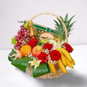 Original and impressive gift. Magnificent basket, arranged with flowers and greenery and gifts for every taste