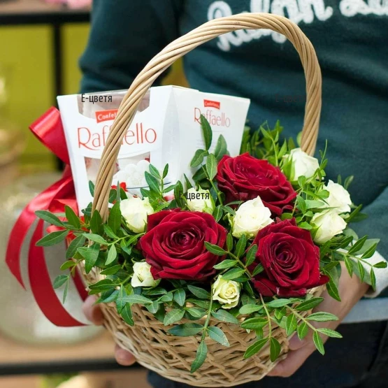 Send a basket with roses and chocolates.