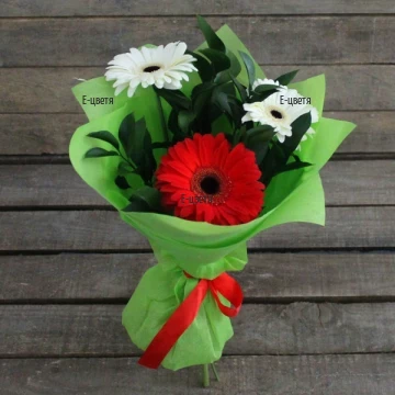 A wonderful bouquet of gerberas and greeneries, suitable for any occasion. The bouquet is also suitable for male recipients.