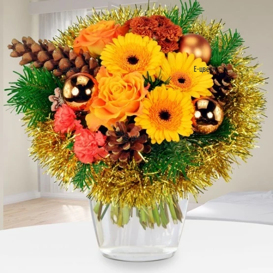 Send a bouquet of flowers and Christmas decorations