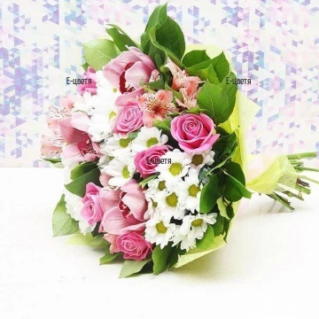Scene of faery, mix of tenderness, beauty and tranquility. Glamorous bouquet of various flowers in soft, delicate colours, wrapped in greenry and gift paper.