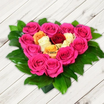Красиво, оригинално и романтично предложение от нашия онлайн магазин за цветя и подаръци. Разноцветни рози, аранжирани на специална гъба..