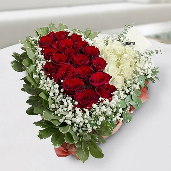 Flower heart of white and red roses