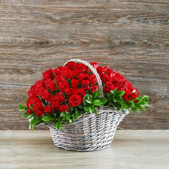 A basket with 101 red roses