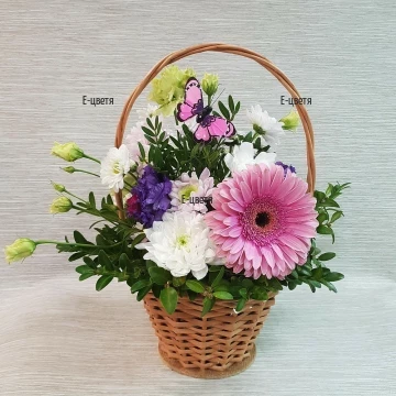 Нежна и красива класическа кошница с разнообразни цветя - неповторими еустоми, свежи хризантеми и гербер в наситен, нежен цвят.