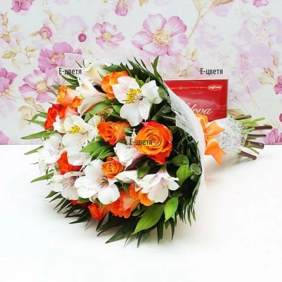 Send a bouquet of orange roses and white alstroemerias