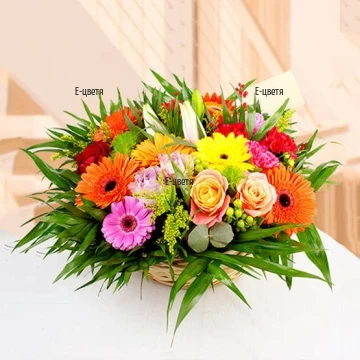 We offer you one fresh and colourful arrangement. Vibrant, colourful basket with various flowers and greenery.