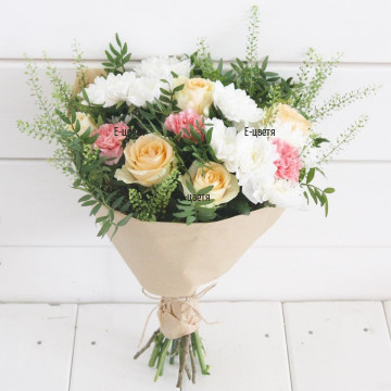 Tender bouquet of various flowers and greenery. Soft, gentle colours - charming bouquet for the loved one,
