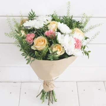 Tender bouquet of various flowers and greenery. Soft, gentle colours - charming bouquet for the loved one,