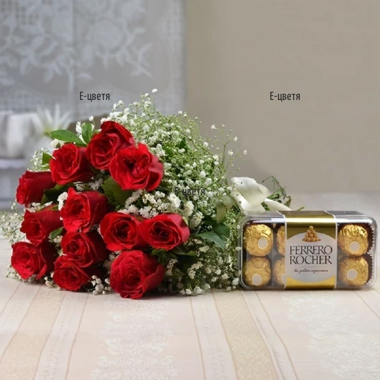 Order romantic roses bouquet and Ferrero Rocher