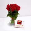 Send a bouquet of roses and Merci chocolates.