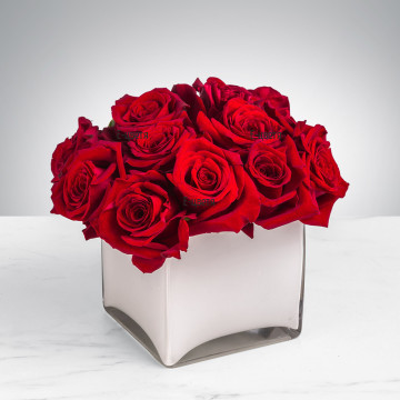 An arrangement of 11 red roses in glass cube.