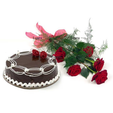Send a bouquet of red roses and delicious chocolate cake. Original, romantic gift for the loved ones.