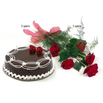 Доставка на букет от червени рози и вкусна, шоколадова торта. Оригинален романтичен подарък за хората, които обичате.