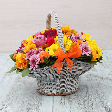 Весела, очарователна кошница в свежи пъстроцветни багри. Една красива комбинации от няколко рози и много хризантеми, аранжирани със свежа зеленина.