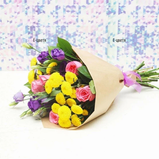 Send bouquet of chrysanthemums, roses and lisianthus