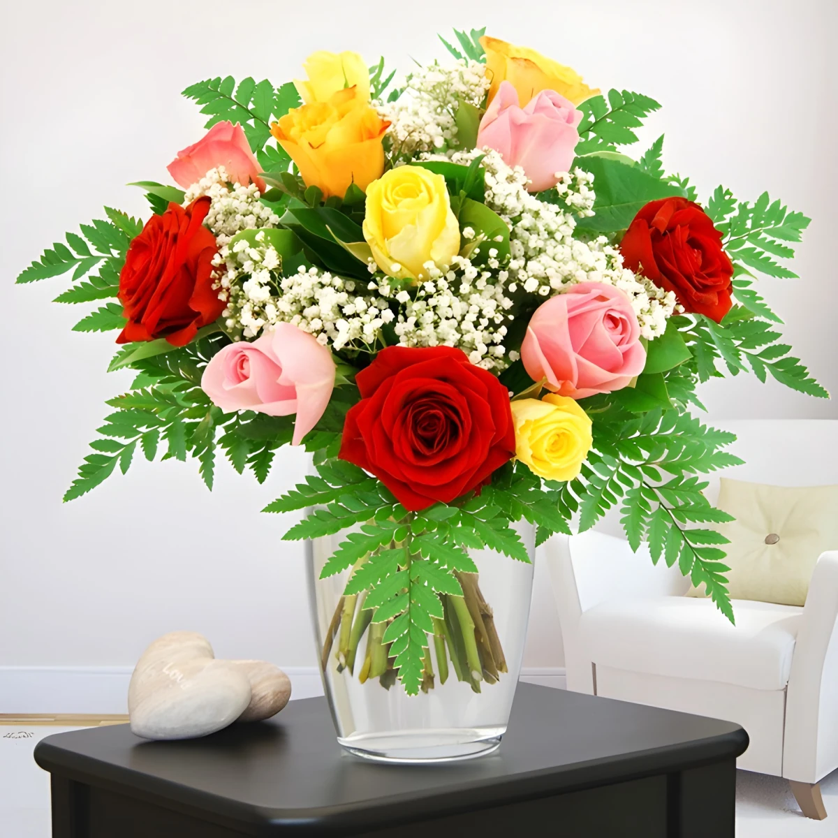 Send a bouquet of multicoloured roses by courier.