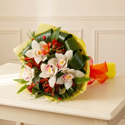 5 Cymbidium Orchids & Red Alstroemerias Bouquet