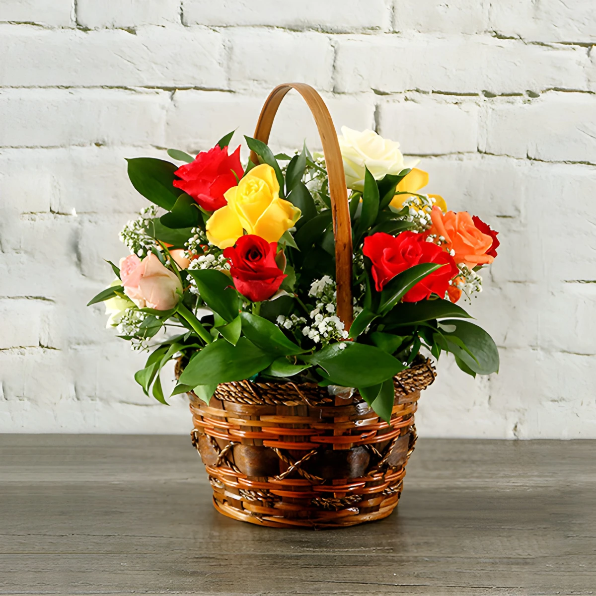 Send a basket with colourful roses by courier.
