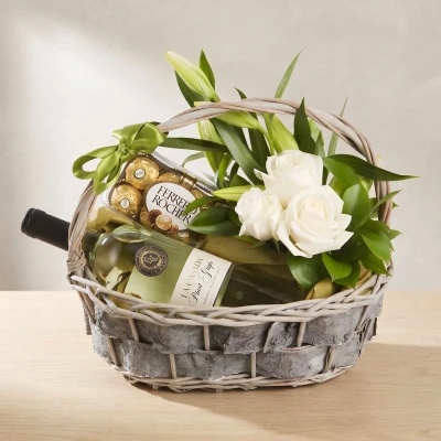 Send a luxury basket with flowers and gifts.