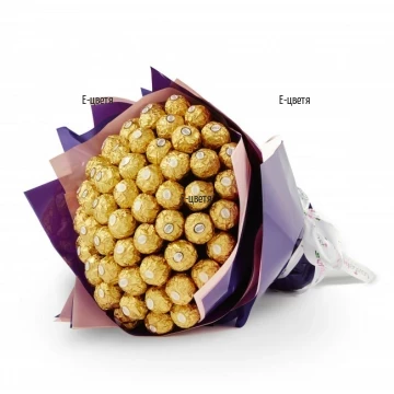 Enormous, original bouquet of 51 Ferrero Rocher  chocolates, arranged on wood sticks, wrapped in fancy papers.