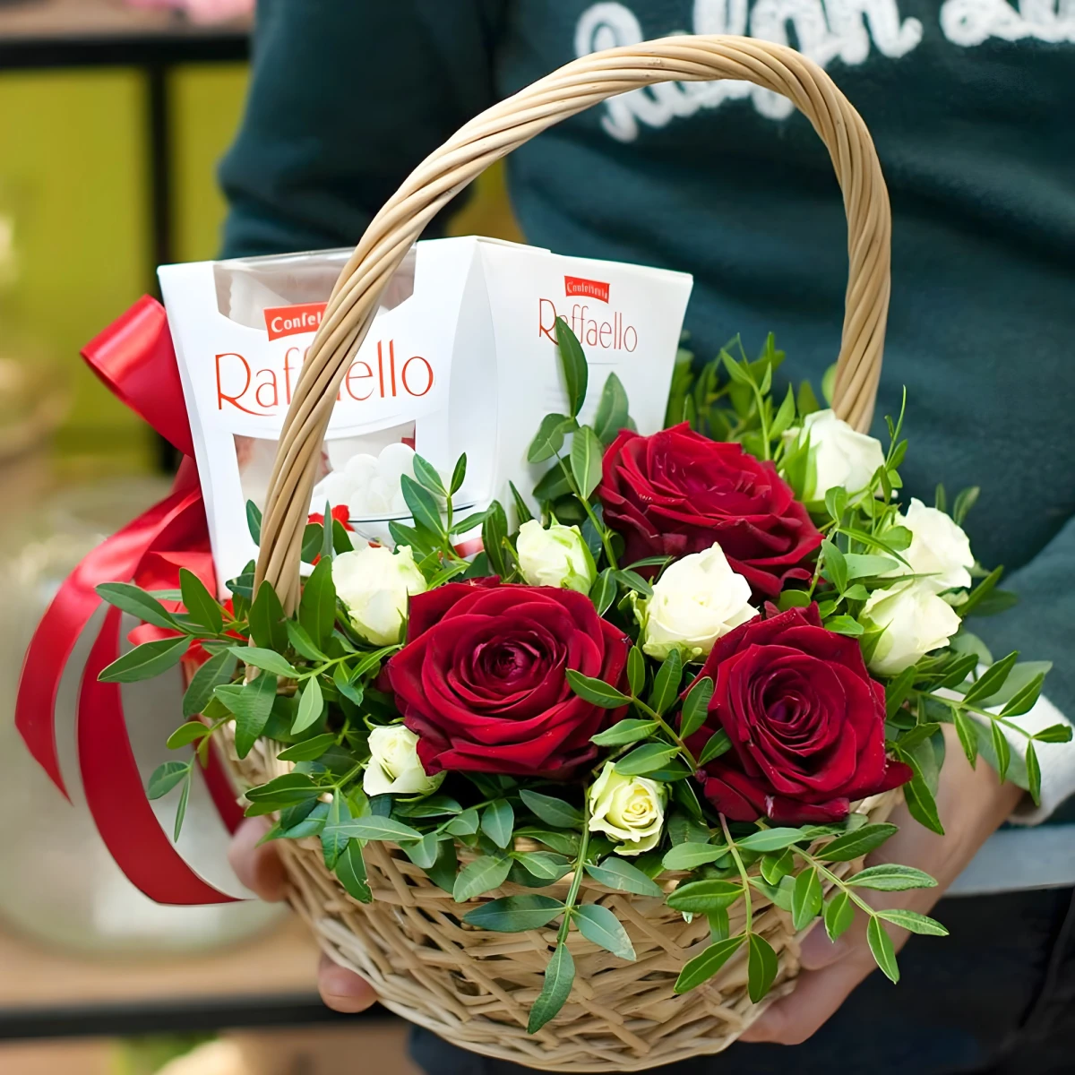 Send a basket with roses and chocolates.