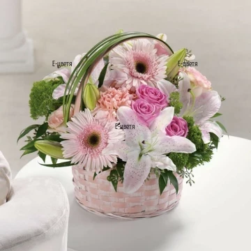 Lovely basket in pink hues, arranged with mixed flowers - gerberas, roses, chrysanthemums, carnations and abundant fresh greenery.