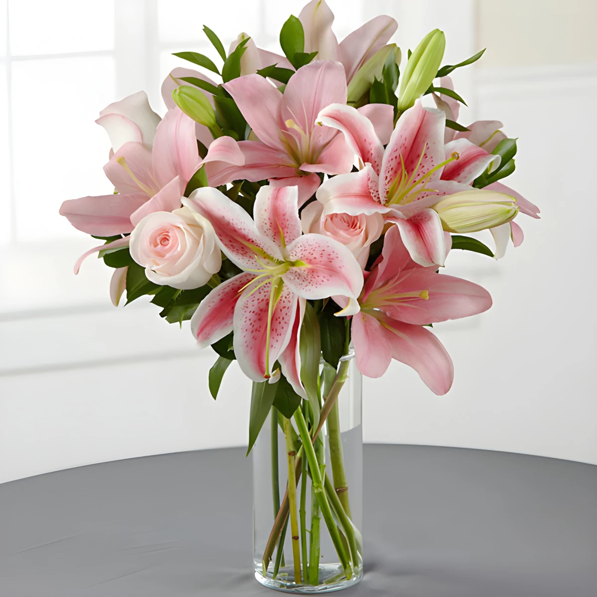 An order and flower delivery - a bouquet of lilies - Satin