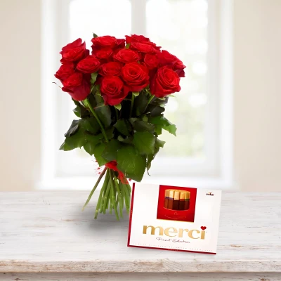 Send a bouquet of roses and Merci chocolates.