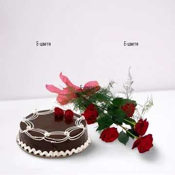 A classic combination for your friends - send a bouquet of red roses and delicious chocolate cake. Original, romantic gift for the loved ones.