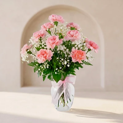 Bouquet of 11 Pink Carnations with Gypsophila | E-cvetia