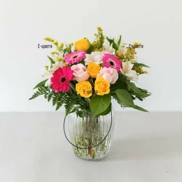 Send a bouquet of roses and alstroemerias by courier.