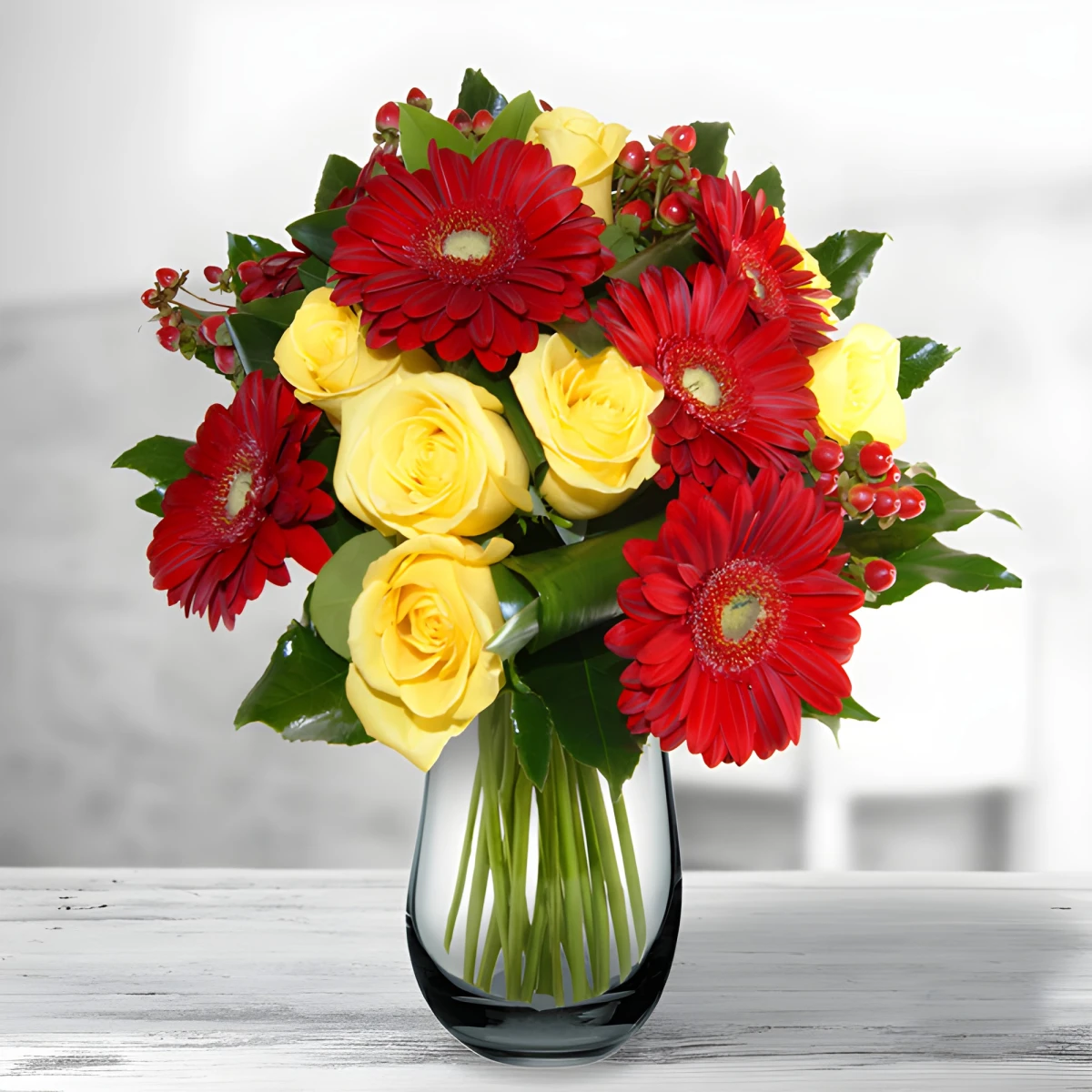 Send a luxurious bouquet of roses and gerberas.