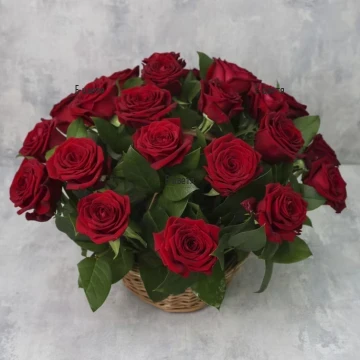 A basket with 21 red roses and greenery.